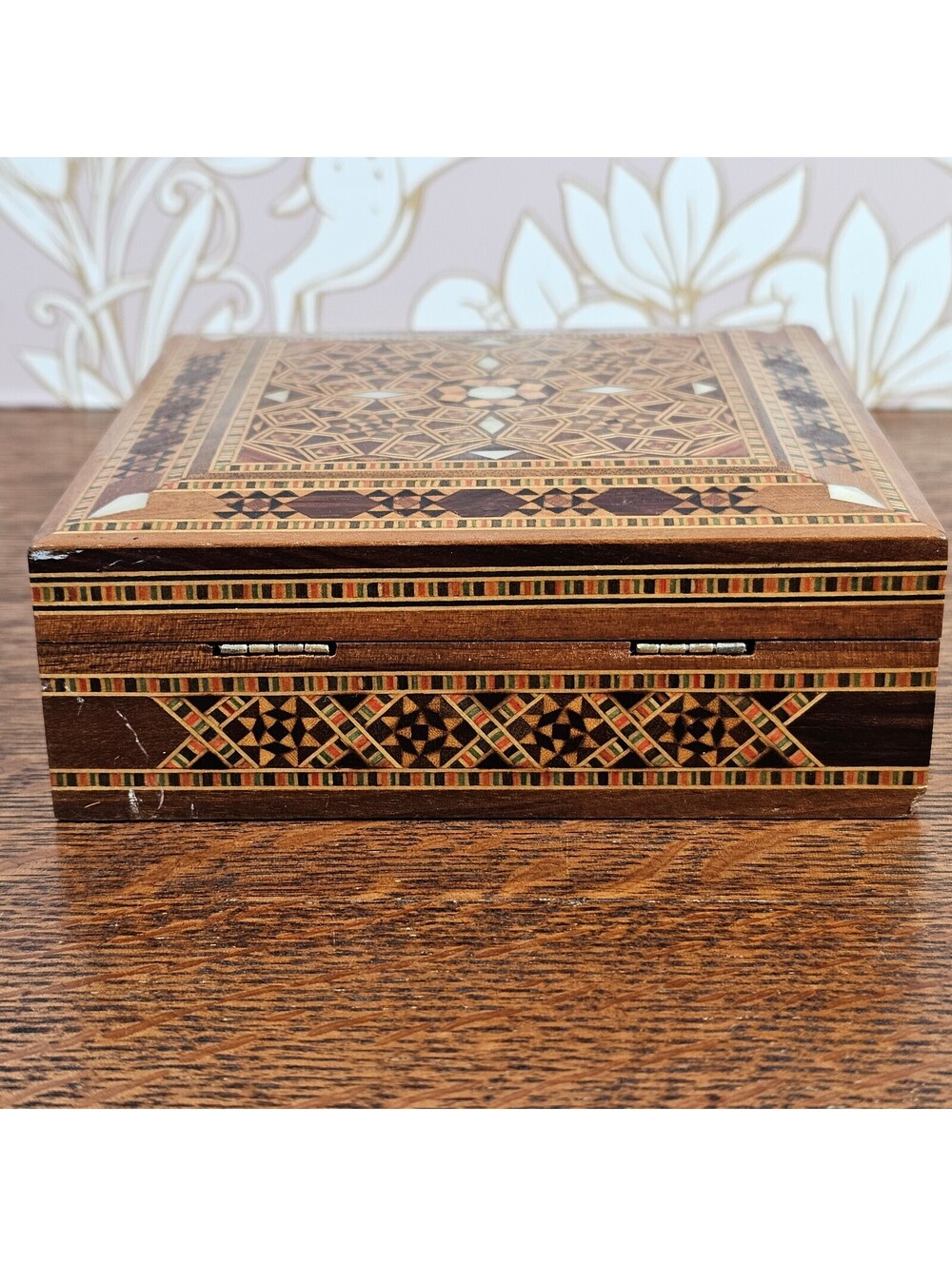 Vintage Damascus Mosaic Wood Jewelry Box Mother of Pearl Inlay 5 Inch - Picture 4 of 14